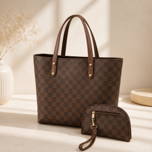 Premium Women's Checkered Tote Bag with Matching Wristlet