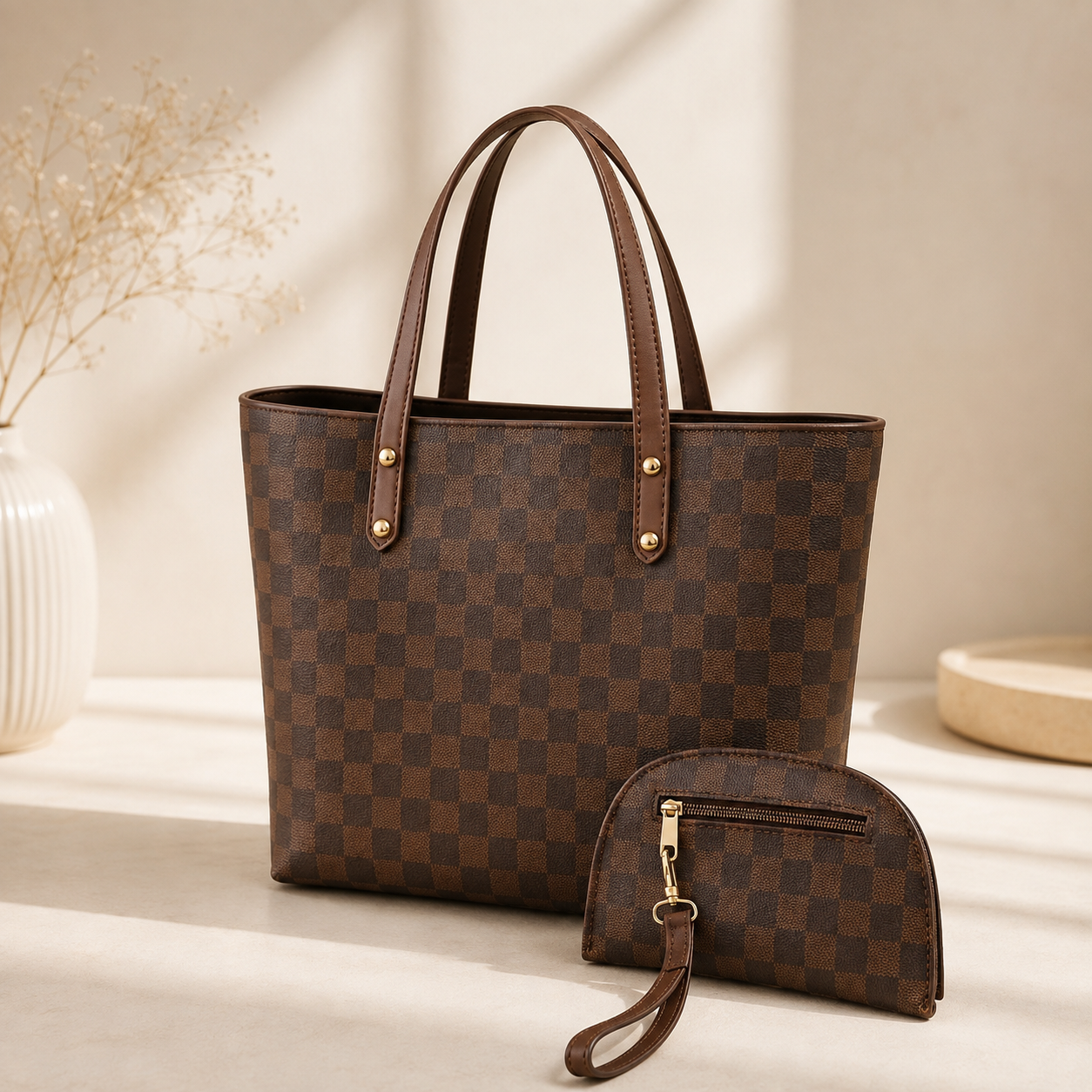 Premium Women's Checkered Tote Bag with Matching Wristlet